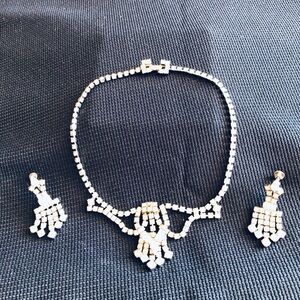 Vintage Prong Set Crystal Rhinestone Necklace & Screw On Earrings